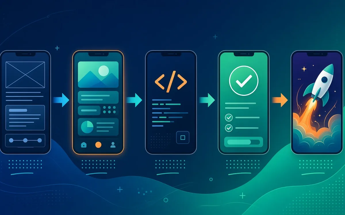 Illustration of five phone screens from wireframe to code to launch, showing the app development process
