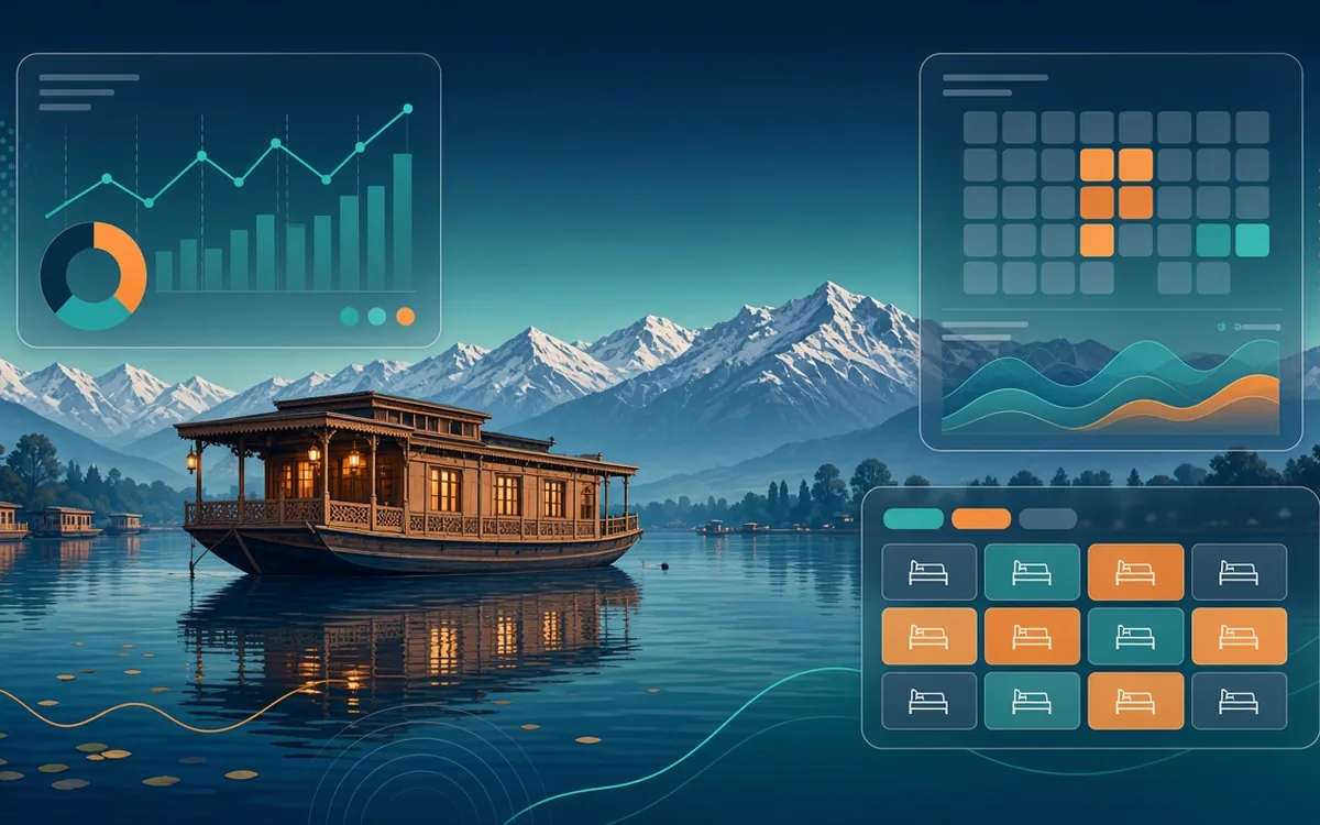 Illustration of a Kashmir houseboat on a lake with floating hotel dashboard panels for bookings and reports