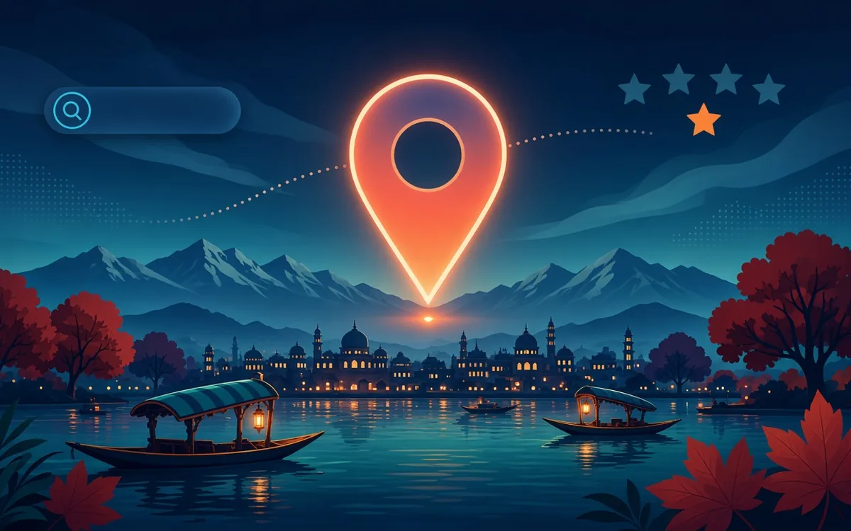 Illustration of a map pin and review stars over a Srinagar-style lakeside skyline, representing local SEO