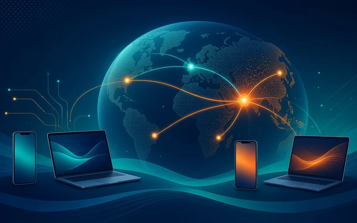 Illustration of laptops and phones connected by glowing lines across a globe, representing offshore app development